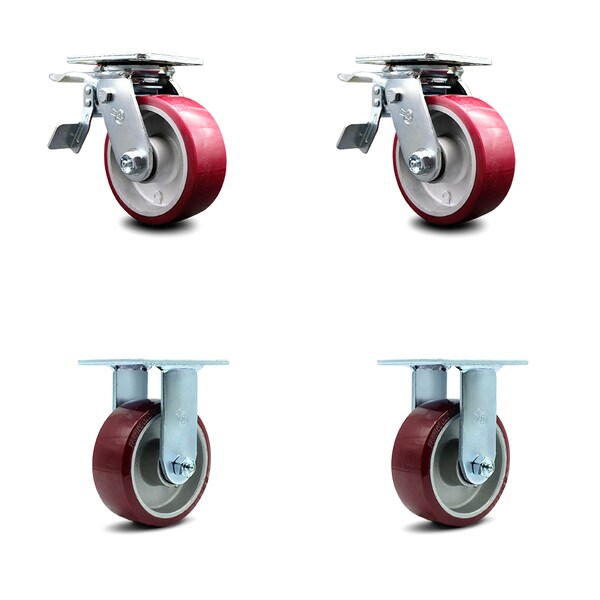 5 Inch Poly on Aluminum Caster Set with Ball Bearings 2 Brakes 2 Rigid SCC